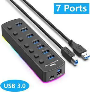 USB 3.0 Hub, RGB 7 Ports USB 3.0 Hub with 14 Mode RGB LED Strip, 5Gbps High Speed USB Splitter Adapter Individual On/Off Switch For PC Computer Accessories RGB USB Hub (without Power Adapter)