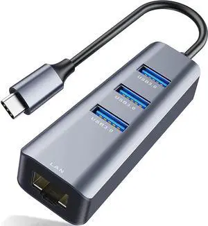 USB C to 3 x USB 3.0 Hub with Ethernet Adapter, 4-in-1 10/100/1000Mbps Ethernet RJ45 to USB-C/Thunderbolt 3 to Gigabit Ethernet LAN Network Adapter for Mac Chromebook, XPS, Surface Book 3/2/Go etc.