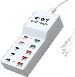 10 Port Multi USB Charging Station, Multiple USB Charger Station with PD QC 3.0 USB A USB C Charger Block Multiple Ports, USB Power Strip for Multiple Devices Phone Tablet Laptop Watch