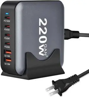 USB Charging Station for Multiple Devices, 220W 6-Port USB Charging Hub with 4 PD USB-C, 2 QC USB-A, Max 100W Output Fast Charging Station for i-Phone, Android Cellphones, Switch, Tablet etc..