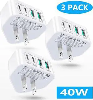 [3-Pack] USB C Charger Block, 40W 4 Port Flat Fast USB C Wall Charger PD 3.0 Power Adapter Multport Type C Charging Plug Brick for i-Phone 15 Plus 14 13 12 11 Pro Max, Android Cellphones,Tablet