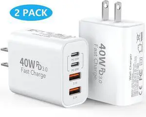 [2 PACK] USB C Charger Block, 40W 4-Port Type C Charger Fast Phone Charging Block Cube PD Power Adapter+QC 3.0 USB A Wall Charger Plug Type C Brick Box for i-Phone 16/15/14/13/12 Pro Max, i-Pad