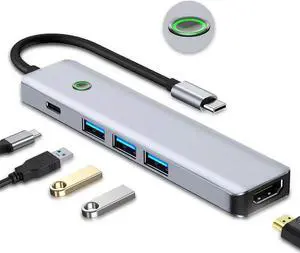 5 in 1 USB C Hub, One Click Screen Projection/Rest MF Mac USB C Adapter, Great for Kids with Laptops for School, USB C Hub with 1* 4K HDMI, 3* USB 3.0 Ports, 100W PD for MacBook/Laptop/Phones