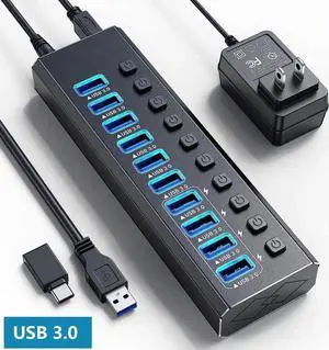 Powered USB 3.0 Hub, 10-Port Powered USB Hub 3.0 with Individual Switch, Aluminum Alloy Fast Charging USB 3.0 Hub USB Expander Compatible with All USB Devices Laptops Desktops (12V 4A Power Adapter)