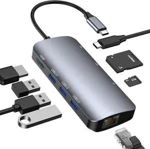 USB C Hub Multiport Adapter, 8-in-1 USB-C Hub with Ethernet 1000Mbps, 4K HDMI, 100W PD, SD/TF Card Reader, 3 USB 3.0 Ports Docking Station Compatible for Ma-cBook Pro/Air M3/2 /1, i-Pad Pro/XPS