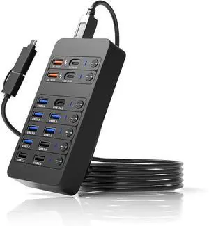 Powered USB Hub,14 Ports USB Data Hub Splitter with 6 USB 3.0 Port,4 Charging Port,1 USB-C 3.0 Data Port,1 PD 60W Charging Port w LED Individual On/Off Switches for MacBook, Mac Pro, Laptop/PC