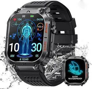 Military Smart Watch for Men, 5ATM Waterproof with Call 2.02" Large Screen Rugged Outdoor Tactical Smartwatch with Compass Fitness Watch with Heart Rate Blood Pressure Monitor for IOS Android