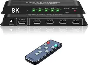 4 Port HDMI 2.1 Switch 4K@120Hz 8K@60Hz, 48Gbps transfer rate, HDMI Switcher 4 in 1 Out Support PS-5, X-box Series X, HDR10+, Do-lby Vision Do-l-by At-mos