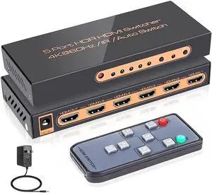 4K @60Hz HDMI Switch 5 Port Premium 5 in 1 Out 4K HDMI Switcher with IR Remote Support Auto-Switch, HDMI 2.0,HDCP 2.2,UHD,HDR,Full HD,3D,1080P (Upgraded Version)