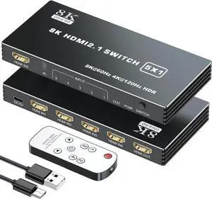 HDMI 2.1 Switch 5x1, 8K HDMI Switch 5 in 1 Out, Support 8K/60Hz 4K/120Hz HDCP 2.3 HDR10, 5-Port HDMI Switcher Selector Box Compatible with PS3/4/5, Fire Stick, DVD, Xbox Switch etc..