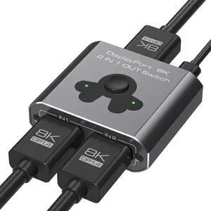Displayport Switch 2 in 1 Out, 8K@60Hz 4K@144Hz Display Port Switch, Displayport Switcher, DP 1.4 Switcher, 2 in 1 Out DP Switch Compatible with TVs Monitors Laptops PCs Projectors etc