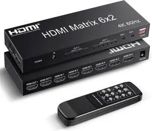 HDMI Matrix Switch 6 in 2 Out, 4K@60Hz HDMI Switch with IR Remote, Optical & 3.5mm Audio Output, 6x2 HDMI Switcher with Audio Support HDMI 2.0, HDCP 2.2, 3D, Auto Downscal for PS5/4, Fire Stick