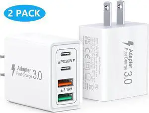 [2 Pack] USB C Wall Charger Block, 40W 4-Port PD & QC 3.0 Power Adapter QC Wall Plug, Fast USB C Charger Type C Charging Blocks Cube Brick Box for i-Pad Pro Mini i-Phone Android Cellphones