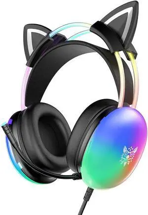 Cat Ear Gaming Headset with Mic, RGB Rainbow Lighting, Surround Sound, 3.5mm Wired Over-Ear Headphones Gaming Headsets for PC/PS4/PS5/Switch/Laptop, Lightweight & Adjustable Headband (Black)
