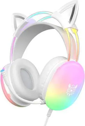 Cat Ear Gaming Headset with Mic, RGB Rainbow Lighting, Surround Sound, 3.5mm Wired Over-Ear Headphones Gaming Headsets for PC/PS4/PS5/Switch/Laptop, Lightweight & Adjustable Headband