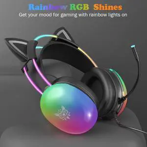 Cat Ear Gaming Headset with Mic, RGB Rainbow Lighting, Surround Sound, 3.5mm Wired Over-Ear Headphones Gaming Headsets for PC/PS4/PS5/Switch/Laptop, Lightweight & Adjustable Headband (Black)