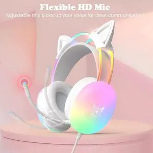 Cat Ear Gaming Headset with Mic, RGB Rainbow Lighting, Surround Sound, 3.5mm Wired Over-Ear Headphones Gaming Headsets for PC/PS4/PS5/Switch/Laptop, Lightweight & Adjustable Headband