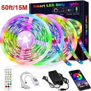 50ft/15M LED Flexible Strip Lights, LED Lights Strip RGB LED Strip Music Sync Color Changing LED Strip Lights APP Bluetooth Controll + Remote, LED Lights for Bedroom,Party and Home Decoration