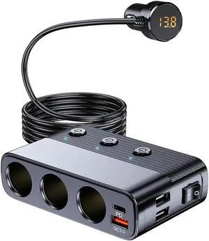 7 in 1 Car Charger, Cigarette Lighter Splitter Car Charger Adapter, Type-C QC3.0 PD 30W Charging, Dual USB Charging Ports, Independent Switches, LED Voltmeter, Plug Outlet 12V/24V (3.3ft Cable)