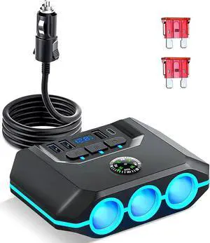 Car Auto Cigarette Lighter Splitter, 120W Car Charger Adapter with USB & PD, 7 in 1 Multi Port Power Plug with Independent Switches & LED Voltage Display for 12V- 24V Vehicles