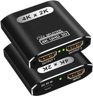 HDMI Splitter 1 in 2 Out, 4K HDMI Splitter for Dual Monitors Supports 3D Full HD 1080P Aluminum HDMI Spliter Dual Monitor HDMI Adapter Compatible for PS4 Fire Stick HDTV(1 Source to 2 Displays)
