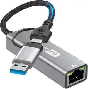USB C to Ethernet Adapter 5Gbps, 2-in-1 USB to 5Gbps Ethernet Cable, 5000Mbps Type C to RJ45 Network LAN Internet Converter, Aluminum Case Compatible for i-Phone 16 15 Pro Max, MacBook Pro/Air