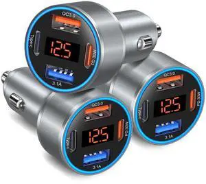 USB C Car Charger with Voltage Display, 3 Pack 65W Super Fast Charging Car Phone Charger Dual USB-A & USBC Cargador Carro Cigarette Lighter Adapter Volt Meter for iPhone,Samsung,Tablet,Android