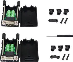 Aomoproing DB9 Connector Adapter RS232 Serial Port D-SUB Adapter Plate Breakout Board Solder-Free (1-Pair Male+Female with Screwdriver, Black Rubber Core, Long Bolts)
