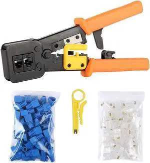 Aomoproing RJ45 Crimp Tool Pass Through Cat5 Cat5e Cat6 Crimping Tool for RJ45/RJ12 Regular and End-Pass-Through CAT5e Connectors with 50PCS Connectors, 50PCS Covers and Network Wire Stripper