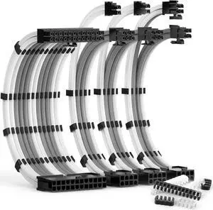 Aomoproing PSU Cable Extension Kit 30CM Length with Cable Combs 1x24Pin/1x8Pin(4+4) EPS/2x8Pin(6P+2P) PCI-E/PC Sleeved Cable for ATX Power Supply(White & Grey)