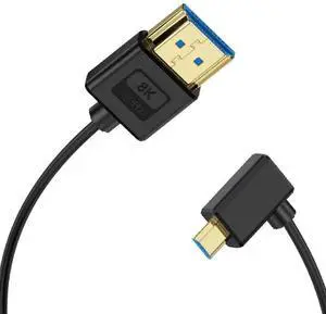 AOMOPROING 1ft Micro HDMI to HDMI Silicone Cable, OD 3.8mm Ultra Thin HDMI 2.1 Cord, Left Angle Micro HDMI Male to Straight HDMI Male 48Gbps Ultra High Speed Cable, 10K@96Hz, 8K@60Hz, Dynamic HDR