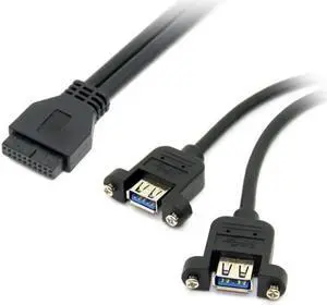 Aomoproing USB 3.0 Dual Ports Female Screw Mount Type to Motherboard 20 Pin Header Cable Black Color