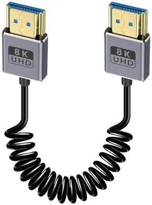 AOMOPROING Coaxial 8K Coiled HDMI Cable, Extreme Thin HDMI to HDMI 2.1 Cable [8K@60Hz, 4K@240Hz, 48Gbps] Short HDMI Cable for Camera Monitors, PS5, Roku, BluRay TV 1-2Ft