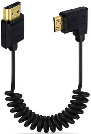 AOMOPROING 3.9 Feet Mini HDMI to HDMI 4K@60Hz Coiled Cable,Left Angle Mini HDMI 2.0 Male to HDMI 2.0 Male High Definition Adapter Converter Spiral Spring Cord, 18Gbps High Speed