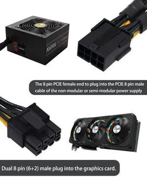 Aomoproing   8 Pin PCIe Splitter Cable, GPU VGA PCIe Female to Dual 8 Pin (6+2) Male PCI Express Power Adapter Braided Extension 9 inches (23cm)