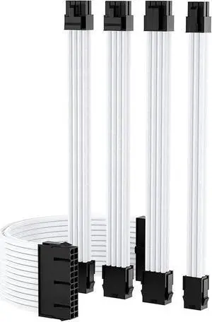 AOMOPROING Sleeved Cable, White Power Supply Cable Extension Kit, 24PIN ATX, 4+4 PIN EPS, Dual 6+2 PIN PCIE, 6 PIN PCI-E