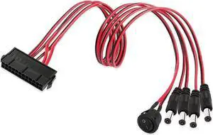 Aomoproing  ATX Power 24 Pin to 4 DC5521 and Power Switch Cable, 24P Female to 12V DC 5.5mm x 2.1mm Male Adapter with ON/Off, Inserted into PC Power Supply 24P Male, Leading to DC Power Supply (0.5m)