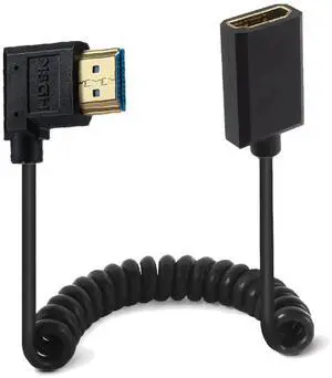 AOMOPROING 4ft HDMI 8K@60Hz Extension Coiled Cable, 90 Degree Right Angle HDMI 2.1 Version Male to Female Extender Adapter Shield Spiral Spring Cord, Dynamic HDR, 48Gbps High Speed