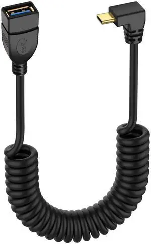 Aomoproing USB Type C Coiled Cable 5Gbps Retractable 90 Degree USB3.0 Female to USB C Male Charging Cable and Data Transfer for Phone, Tablet, Other USB C Devices (F/D)