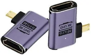 AOMOPROING 8K@60Hz Micro HDMI 2.1 to HDMI 2.1 Adapter 2 Pack, 3D 48Gbps Bidirectional Converter, Male to Female Right Angle Extender Connector Coupler for Xbox Switch HDTV PS5/4, Dynamic HDR