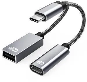 Aomoproing 2-in-1 USB Type C to USB Adapter (OTG Cable + Power Cable) for Steam Deck, Switch, Chromecast Google TV, MacBook, iPad, 3D Printer, Samsung Galaxy S20 S21 S22, Google Pixel and More - Gray