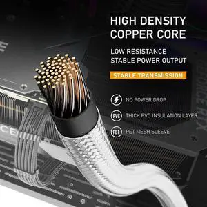 Aomoproing  GPU Power Sleeved Cable Extension, 16pin(12+4) 12VHPWR PCIe 5.0 Connector Male to 3X PCIE 8 PIN for RTX 4070Ti/4080/3090Ti, with Pre-Installed Cable Combs-16AWG/White
