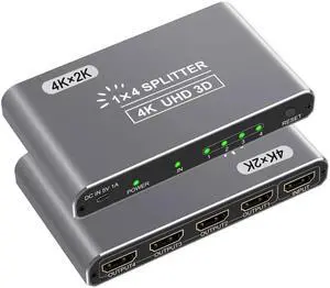 AOMOPROING HDMI Splitter 1 in 4 Out, 4K HDMI Splitters for 4 Monitors Supports 3D Full HD 1080P Aluminum, Compatible for PS4 Fire Stick HDTV(1 Source to 4 Displays) Silver