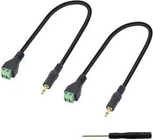 Aomoproing 3.5mm Terminal Block Cable, 1/8 Inch TS Mono Solderless Screw Terminal Speaker Wire 3.5mm 2 pole Male to 2Pin Bolt Headphone Balum Patch Cord (2 Pack-32CM)