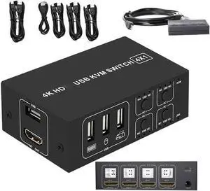 AOMOPROING 4 Port HDMI KVM Switch 4K@30HZ/1080P@60HZ USB HDMI KVM Switcher 4 in 1 Out USB HDMI for Mouse Keyboard Hub for PC Laptop Win7 Win10 MAC