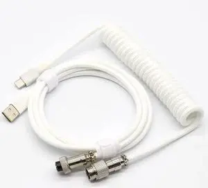 Aomoproing Coiled Keyboard Cable for Gaming Mechanical Keyboard, Handwork Braided + PET Mesh, Metal Plug, with Detachable Metal Aviator Connector, 3 Meters USB C Aviator Cable (White)