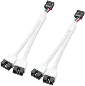 Aomoproing  2 Pack Motherboard USB 2.0 9Pin Header Splitter 9 Pin USB 2.0 Female to Dual 9 Pin Male Extension Header Cable Nylon Braided for PC Computer Internal Motherboard (White)