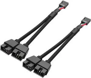 Aomoproing  2 Pack Motherboard USB 2.0 9Pin Header Splitter 9 Pin USB 2.0 Female to Dual 9 Pin Male Extension Header Cable Nylon Braided for PC Computer Internal Motherboard (Black)