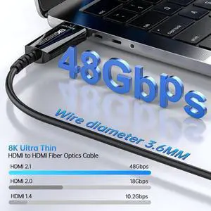 AOMOPROING Fiber Optic Extra Long HDMI Cable 130 FT, 8K Slim HDMI 2.1Cord 48Gbps Ultra High Speed, 8K@60Hz 4K@240Hz, Dynamic HDR, eARC, HDCP 2.2&2.3, 3D, Compatible for PS4/5/Xbox/TV/Laptop/Projectorr