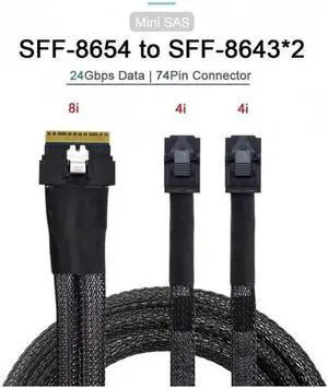 Aomoproing PCI-E Ultraport Slimline SAS Slim 4.0 SFF-8654 8i 74pin to Dual SFF-8643 4i Mini SAS HD Cable PCI-Express 80CM